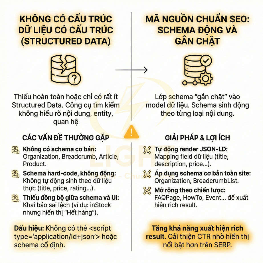 So sánh website không có structured data và website dùng schema động chuẩn SEO, nêu vấn đề và lợi ích rich result