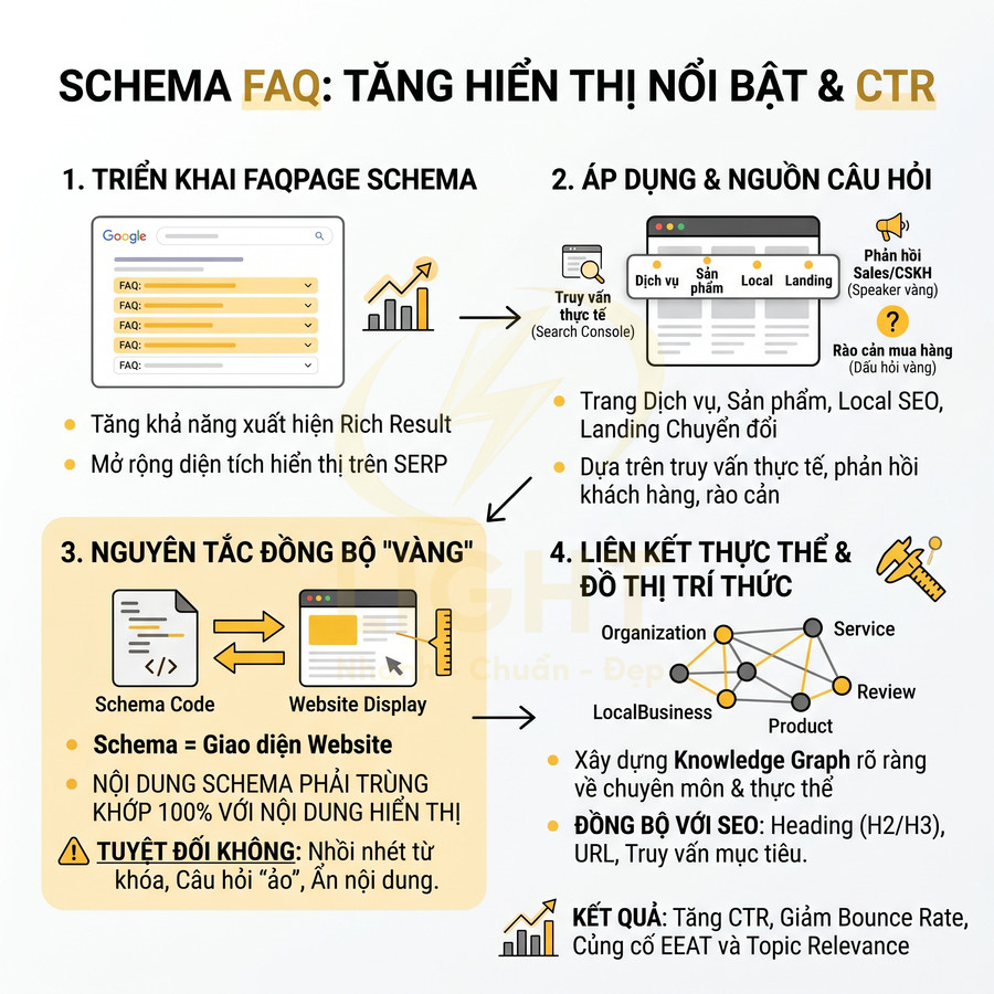 Infographic hướng dẫn triển khai schema FAQ để tăng hiển thị nổi bật và CTR trong kết quả tìm kiếm Google