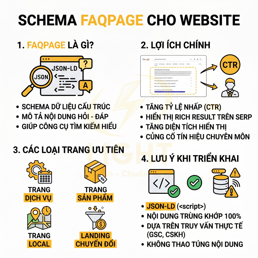 Hướng dẫn sử dụng schema FAQPage cho website để tăng CTR, rich result và tối ưu trang dịch vụ, sản phẩm, landing page