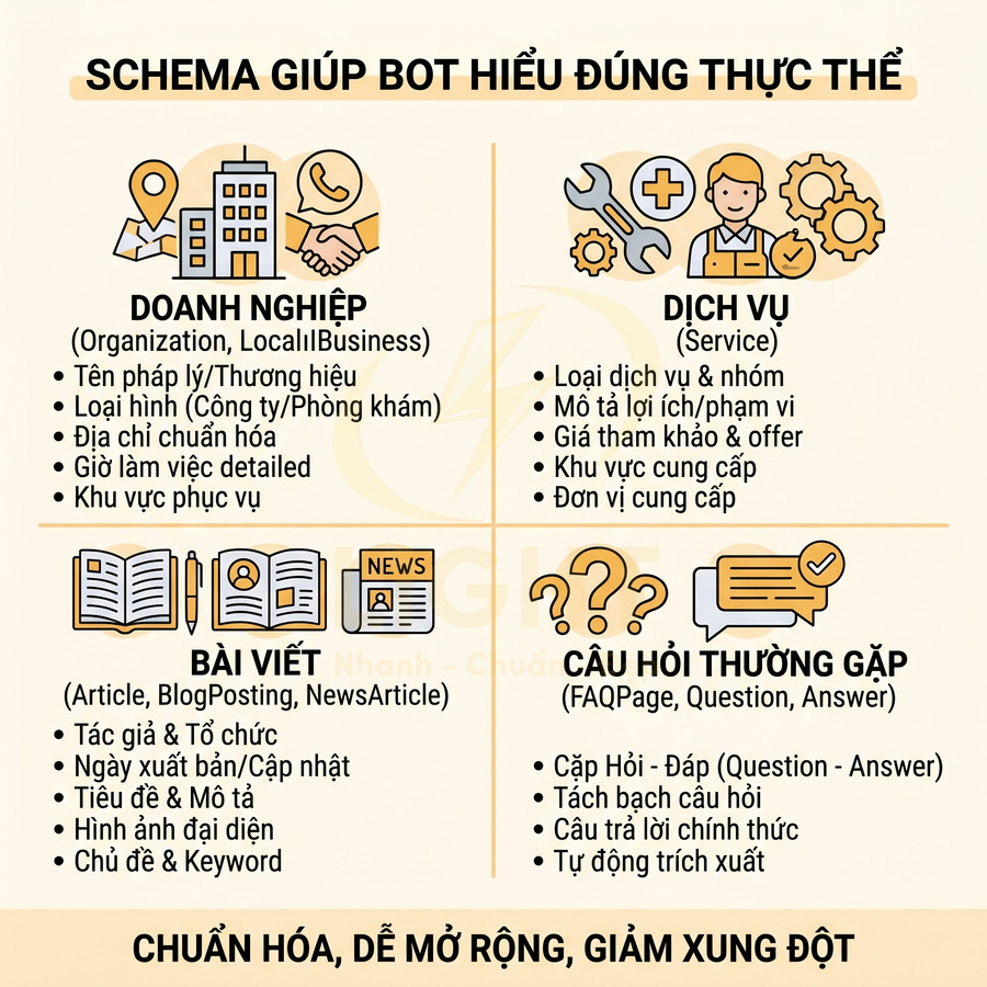 Infographic giới thiệu các loại schema SEO cho doanh nghiệp dịch vụ bài viết và câu hỏi thường gặp
