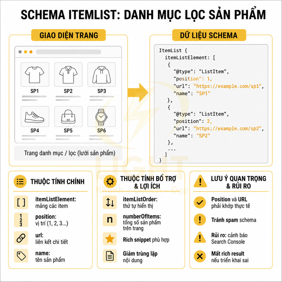 Minh họa schema ItemList cho trang danh mục sản phẩm với lưới áo, giày, túi và đồng hồ cùng dữ liệu cấu trúc JSON-LD