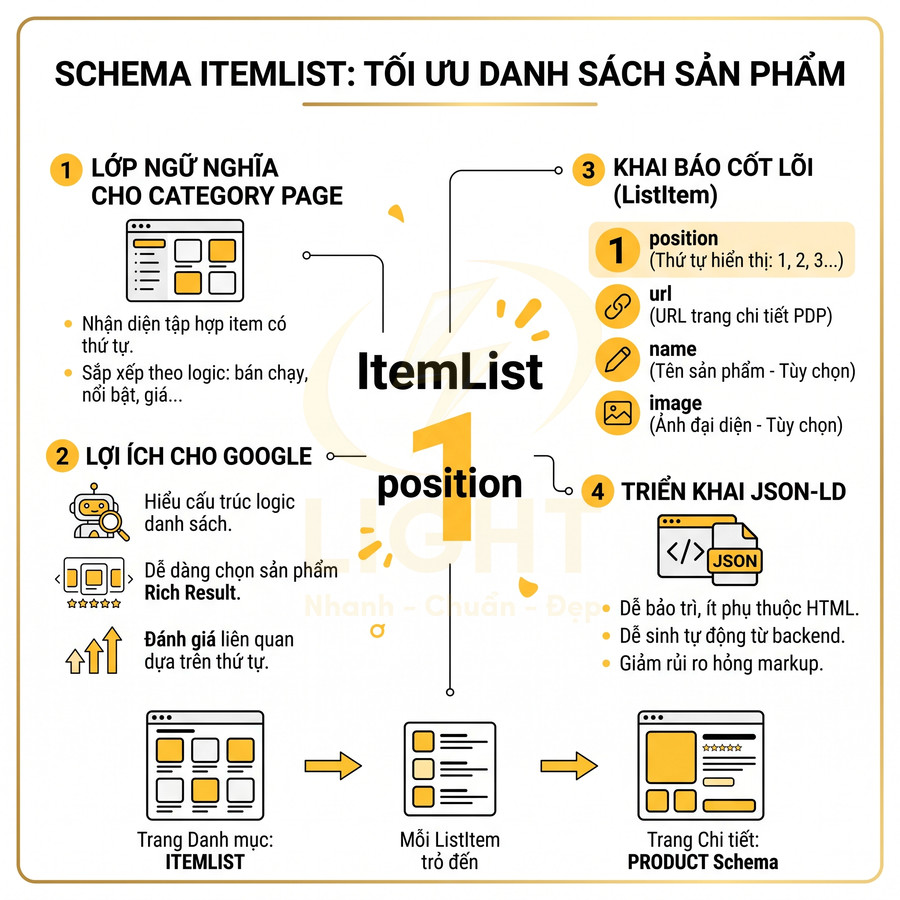 Hướng dẫn tối ưu danh sách sản phẩm với schema ItemList và JSON LD cho trang category và product