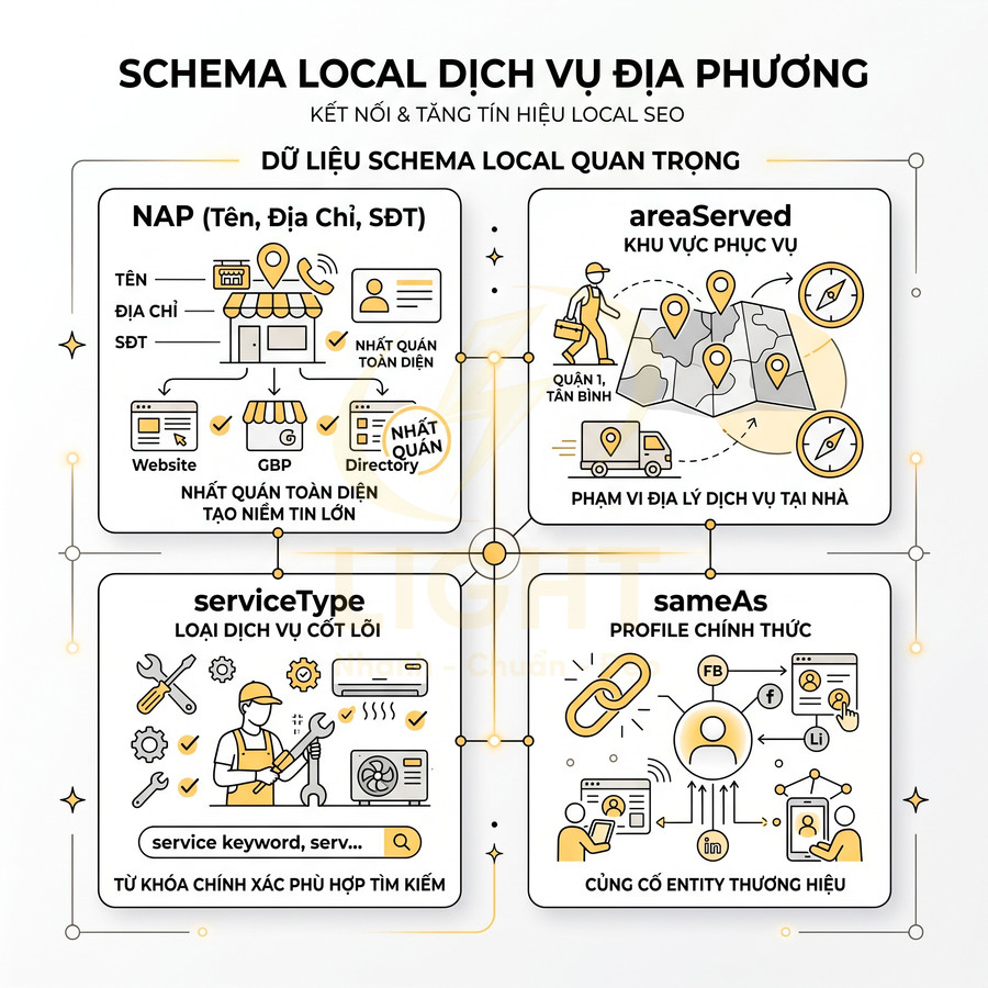 Infographic hướng dẫn tối ưu schema local dịch vụ địa phương với NAP, areaServed, serviceType và sameAs cho SEO