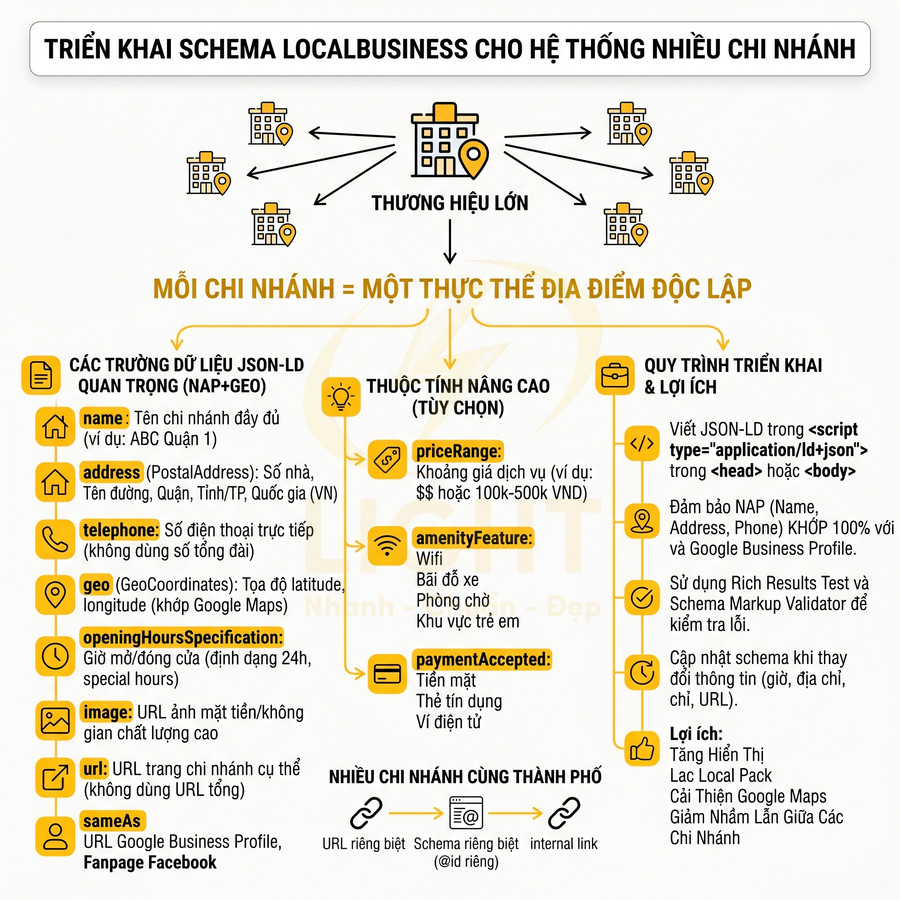 Sơ đồ triển khai schema LocalBusiness JSON LD cho hệ thống thương hiệu lớn có nhiều chi nhánh độc lập