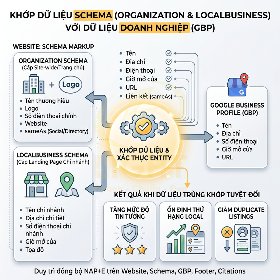 Sơ đồ khớp dữ liệu schema Organization và LocalBusiness với Google Business Profile để tối ưu SEO local cho doanh nghiệp