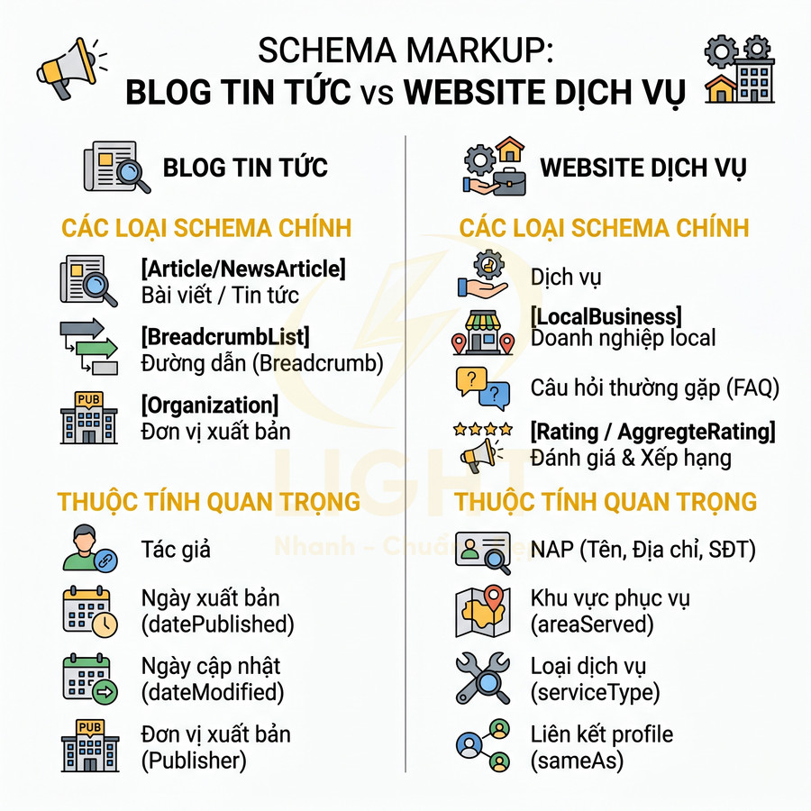 So sánh schema markup cho blog tin tức và website dịch vụ với các loại schema và thuộc tính quan trọng