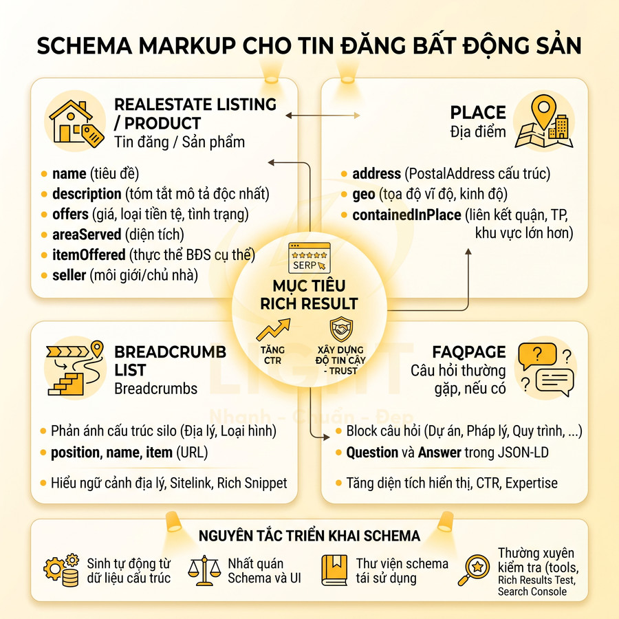 Sơ đồ hướng dẫn triển khai schema markup cho tin đăng bất động sản để tối ưu rich result trên Google SERP