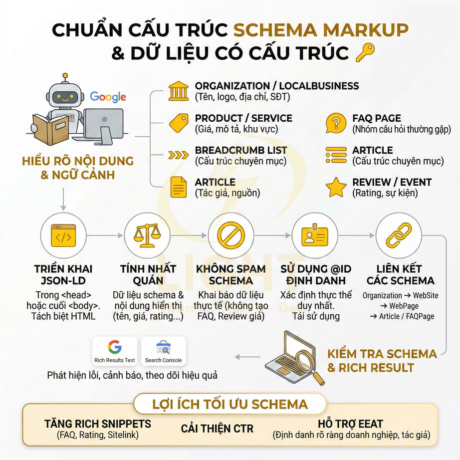 Infographic hướng dẫn chuẩn cấu trúc schema markup và dữ liệu có cấu trúc để tối ưu SEO và rich snippets