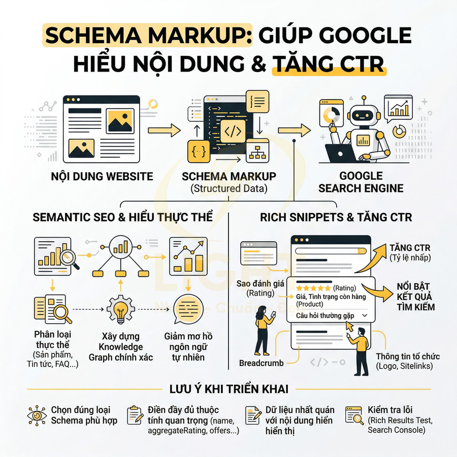 Infographic về Schema Markup giúp Google hiểu nội dung website, tạo rich snippets và tăng CTR trong kết quả tìm kiếm