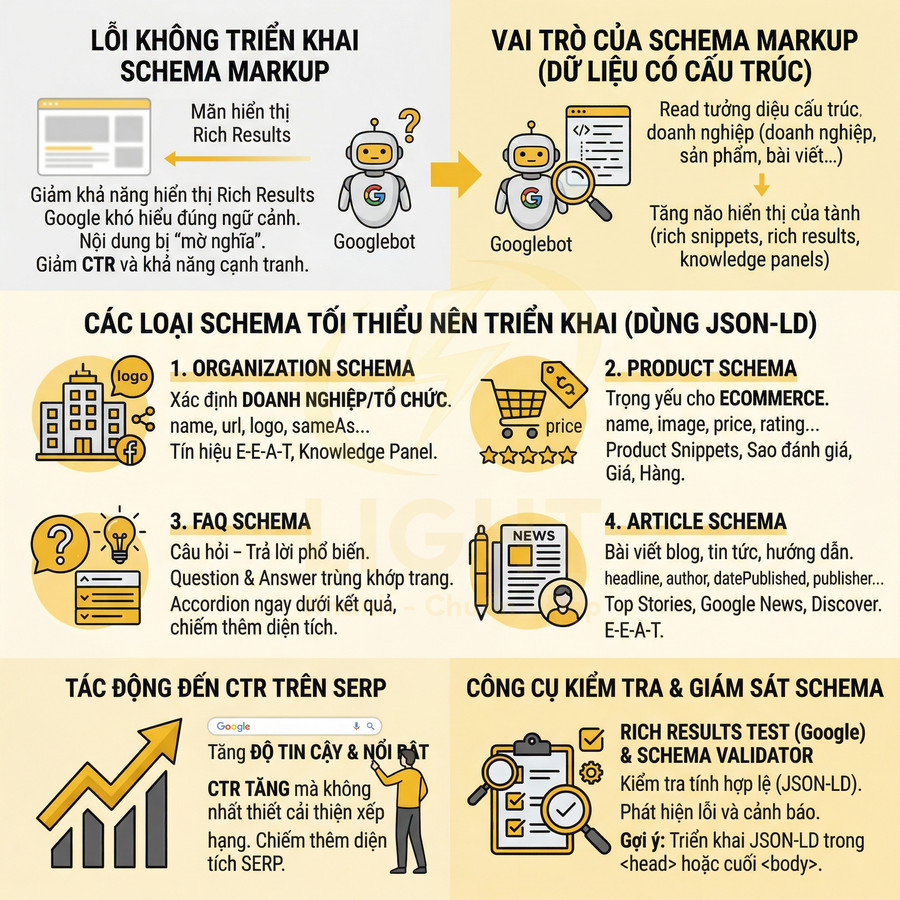 Infographic hướng dẫn triển khai schema markup JSON LD, các loại schema quan trọng và tác động đến CTR trên SERP