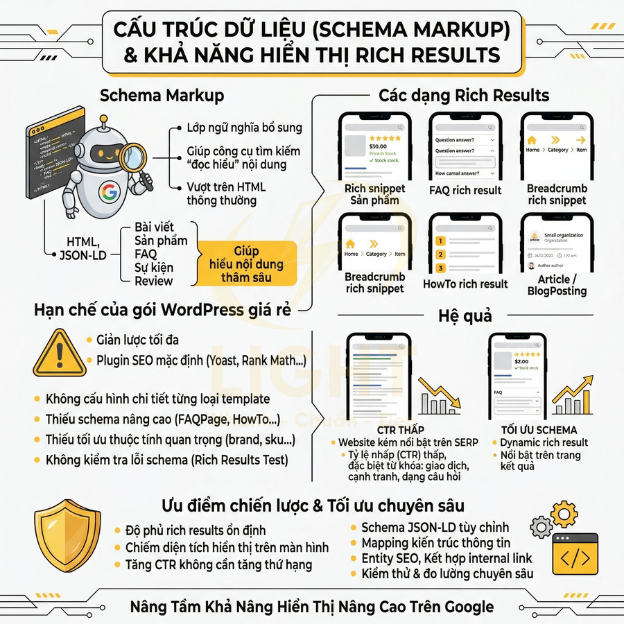 Infographic giới thiệu schema markup và các dạng rich results giúp tối ưu hiển thị website trên Google