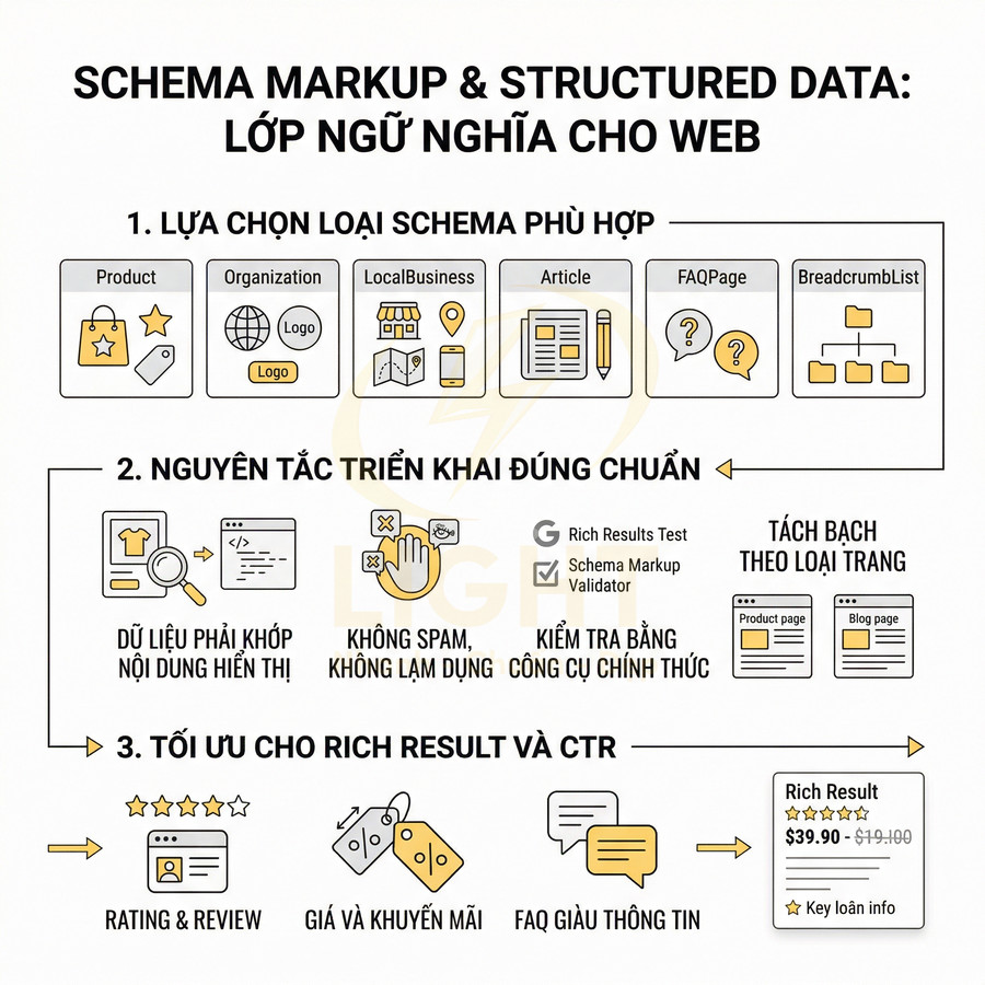 Infographic hướng dẫn triển khai schema markup và structured data để tối ưu rich result và CTR cho website