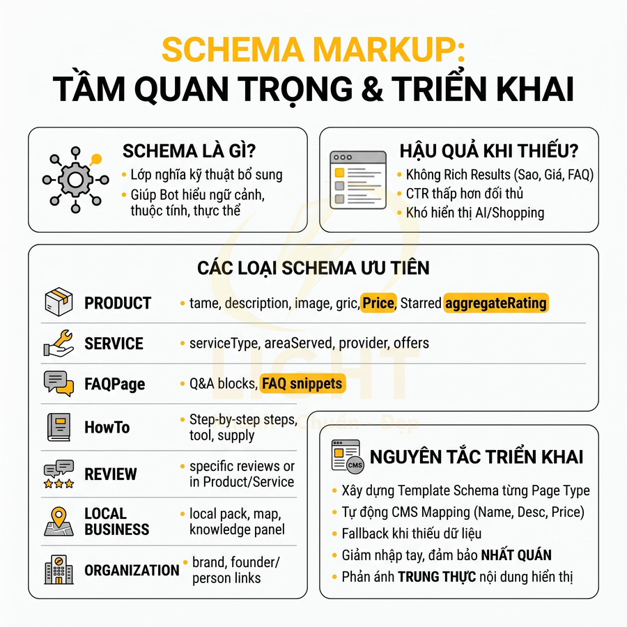 Infographic giới thiệu khái niệm schema markup, các loại schema ưu tiên và nguyên tắc triển khai cho SEO