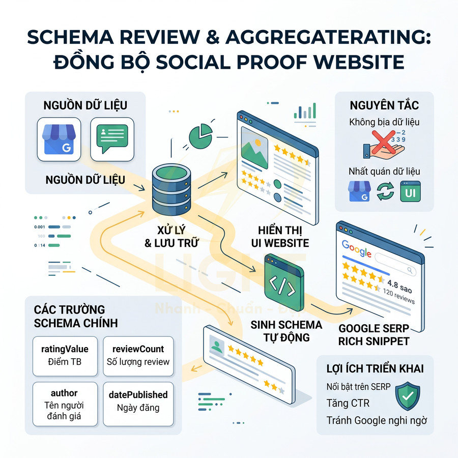 Sơ đồ quy trình đồng bộ schema review và aggregaterating để tạo rich snippet đánh giá sao trên Google SERP