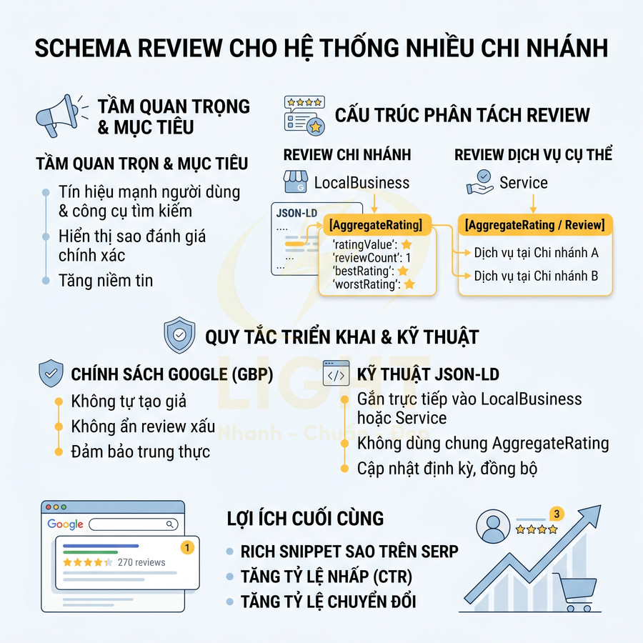 Hướng dẫn schema review cho hệ thống nhiều chi nhánh với JSON LD, chính sách Google và lợi ích rich snippet sao trên SERP
