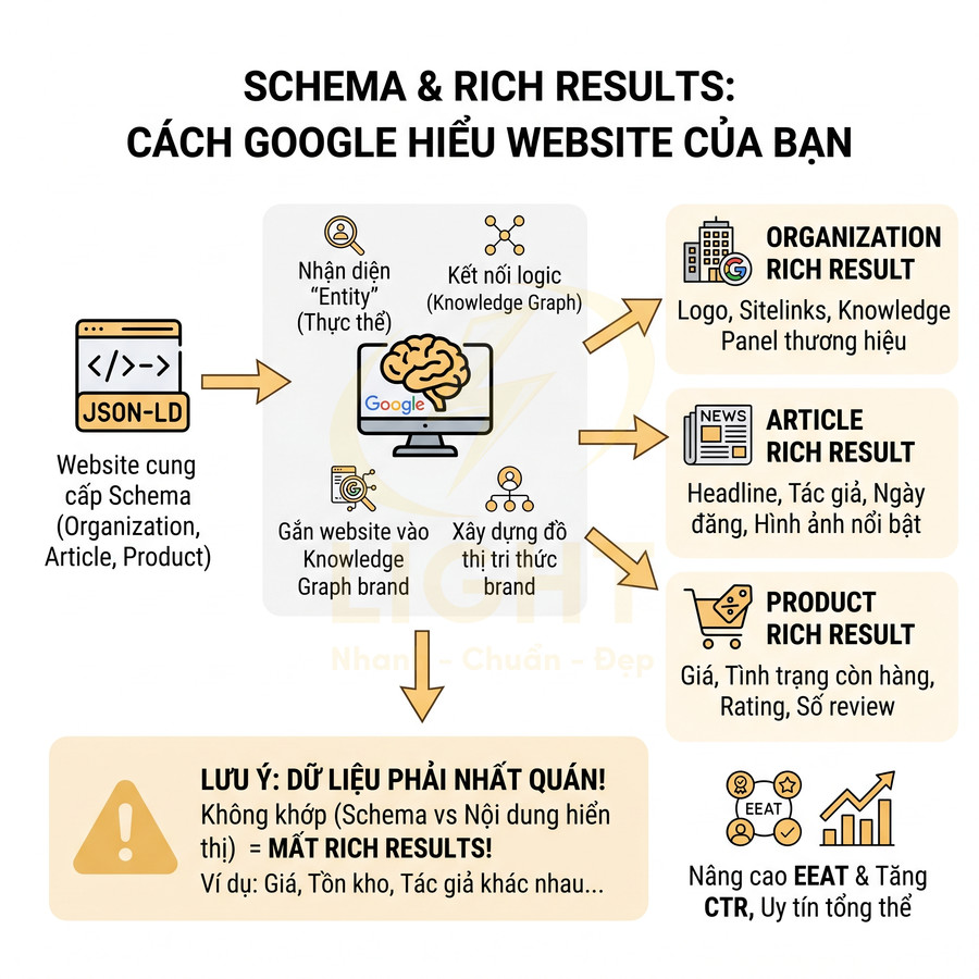 Infographic quy trình dùng schema JSON LD giúp Google hiểu website và tạo rich results cho tổ chức bài viết sản phẩm