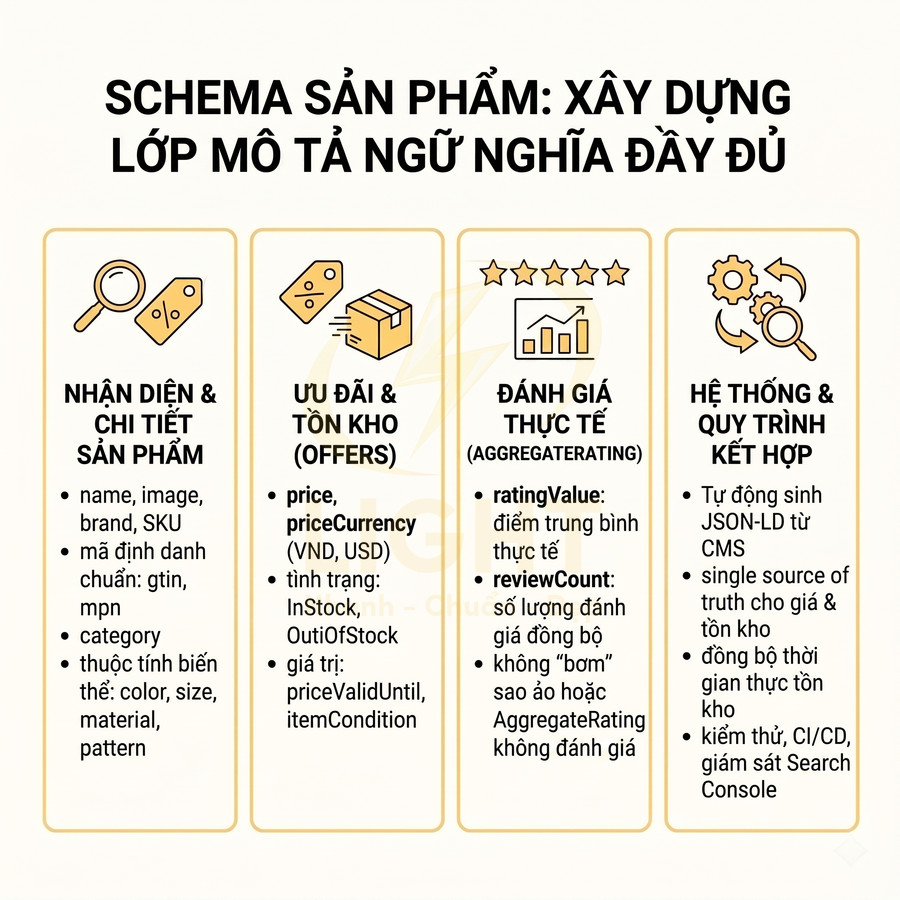 Hướng dẫn xây dựng schema sản phẩm với thông tin chi tiết, ưu đãi, đánh giá và hệ thống quản lý tồn kho