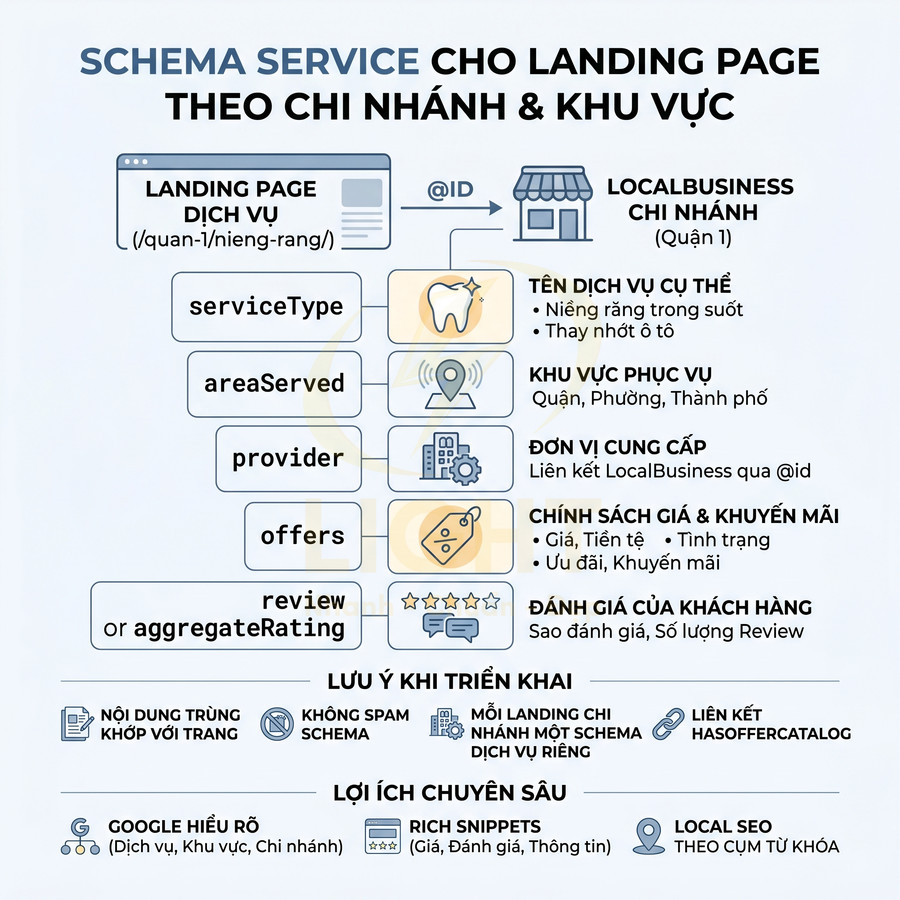 Hướng dẫn schema service cho landing page dịch vụ theo chi nhánh và khu vực tối ưu SEO Local