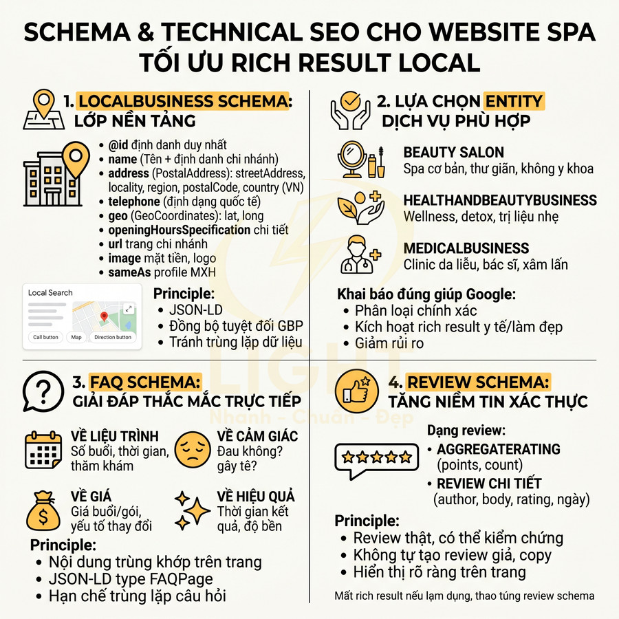 Hướng dẫn schema và technical SEO tối ưu rich result local cho website spa, gồm localbusiness, entity, FAQ và review schema