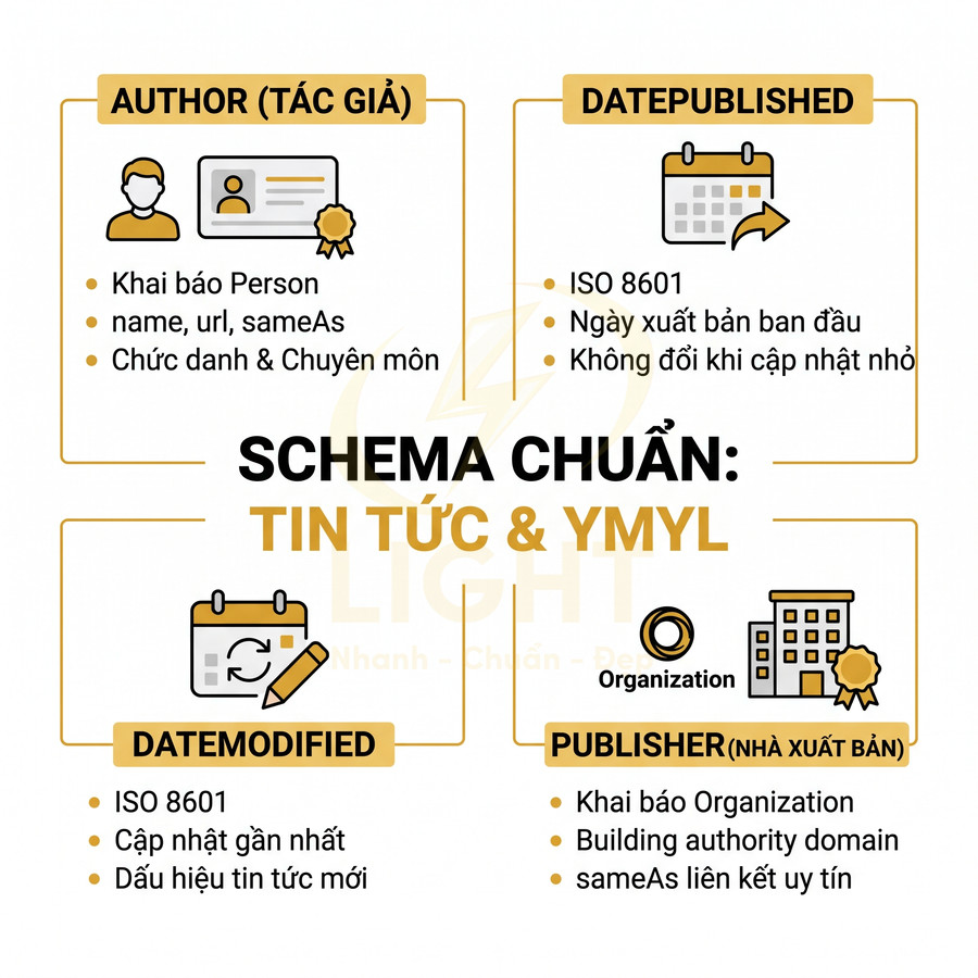 Infographic hướng dẫn khai báo schema chuẩn cho tin tức và YMYL gồm author datePublished dateModified publisher