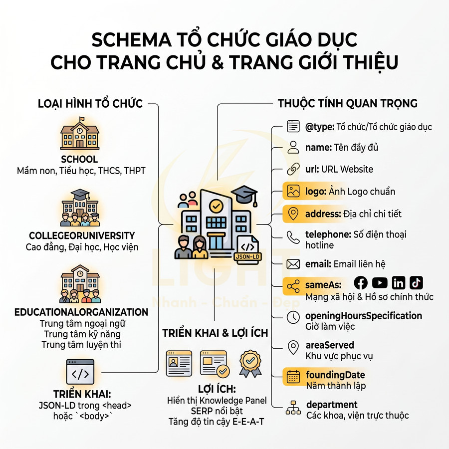 Schema tổ chức giáo dục cho trang chủ và trang giới thiệu với loại hình, thuộc tính quan trọng và lợi ích triển khai