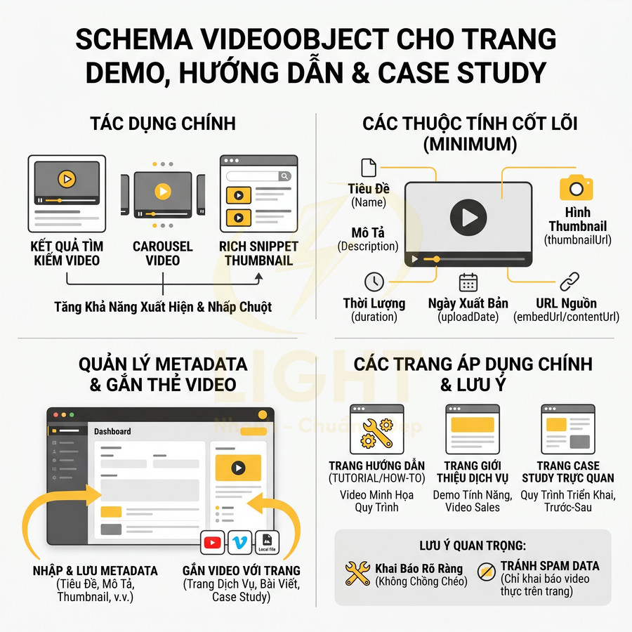 Infographic hướng dẫn triển khai schema VideoObject cho trang demo, hướng dẫn và case study trong SEO