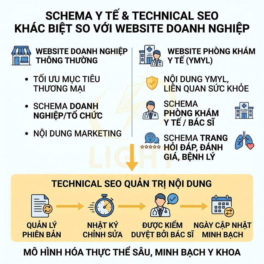 Infographic so sánh schema y tế và technical SEO cho website phòng khám với website doanh nghiệp thông thường