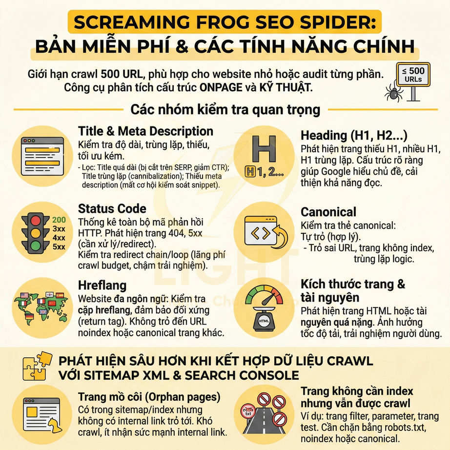 Infographic giới thiệu tính năng chính của công cụ Screaming Frog SEO Spider bản miễn phí