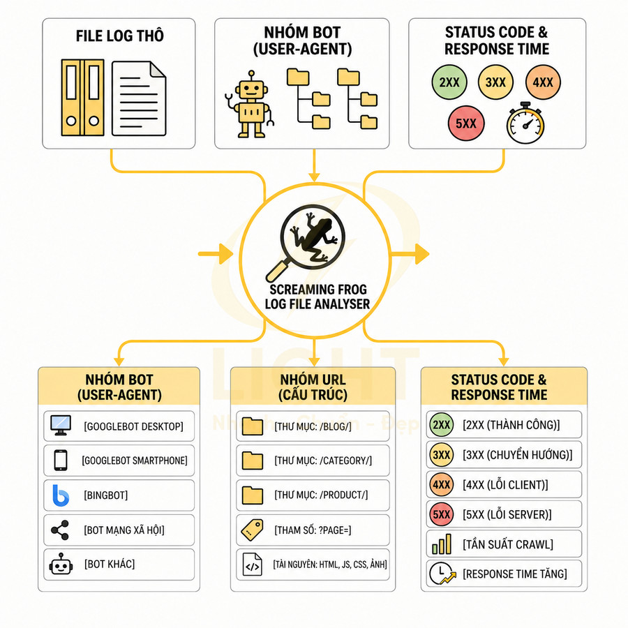 Sơ đồ phân tích log file SEO bằng Screaming Frog với nhóm bot, nhóm URL và mã trạng thái HTTP