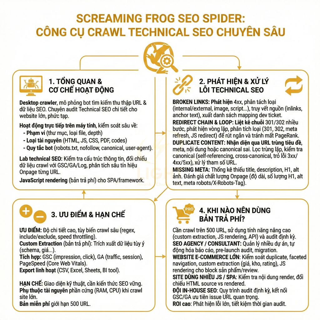 Infographic giới thiệu công cụ Screaming Frog SEO Spider và các tính năng crawl, audit technical SEO chi tiết