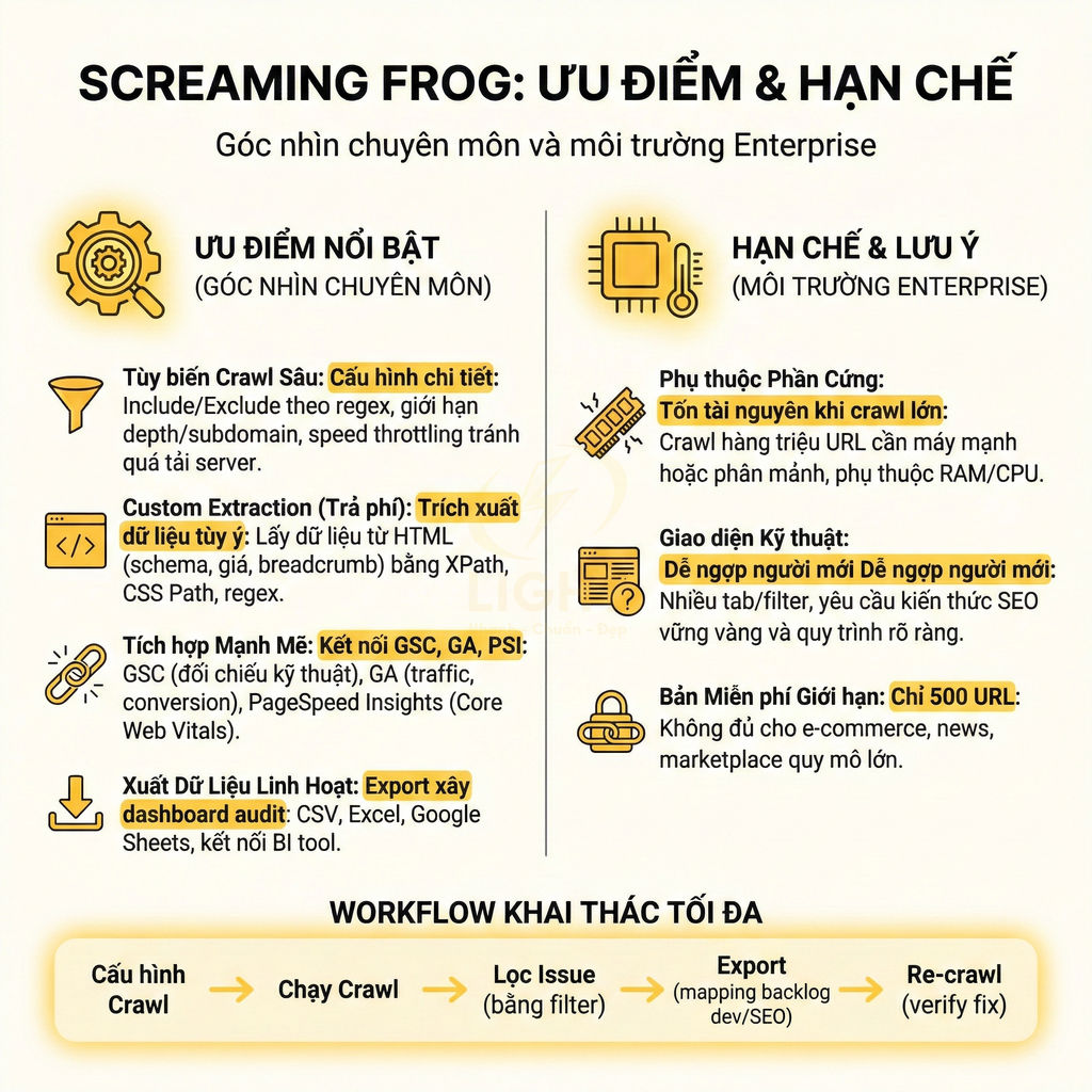 Infographic Screaming Frog nêu ưu điểm, hạn chế và quy trình workflow khai thác công cụ crawl SEO