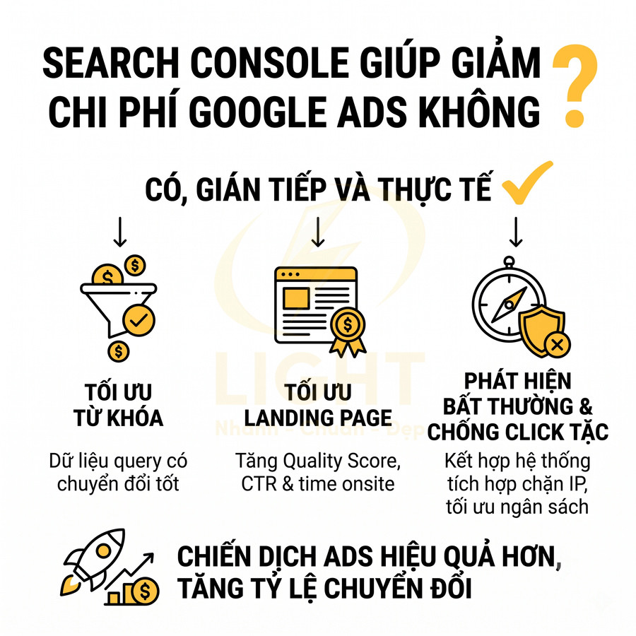 Search Console hỗ trợ tối ưu từ khóa, landing page và chống click tặc để giảm chi phí Google Ads và tăng chuyển đổi