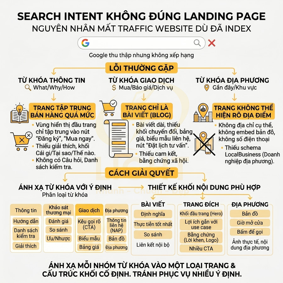 Infographic giải thích lỗi search intent không đúng landing page và cách tối ưu nội dung website chuẩn SEO