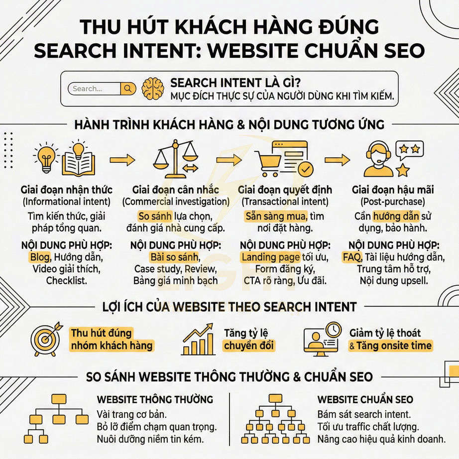 Infographic hướng dẫn tối ưu website chuẩn SEO theo search intent và hành trình khách hàng