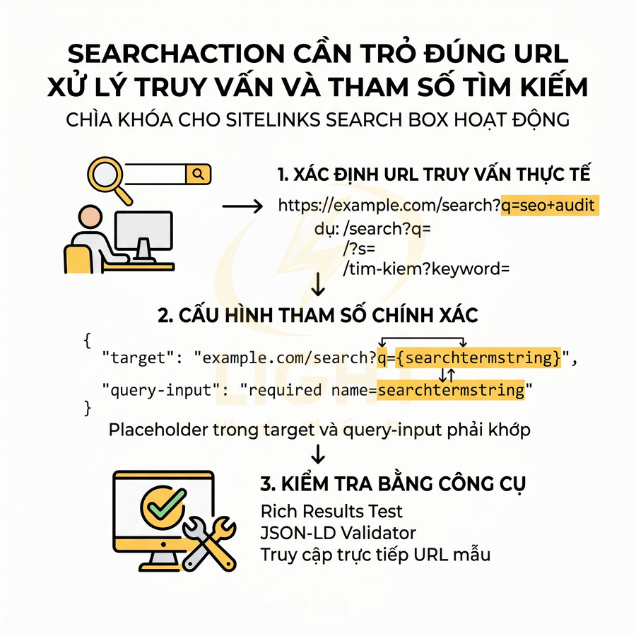 Hướng dẫn cấu hình SearchAction đúng URL và tham số tìm kiếm cho sitelinks search box hoạt động