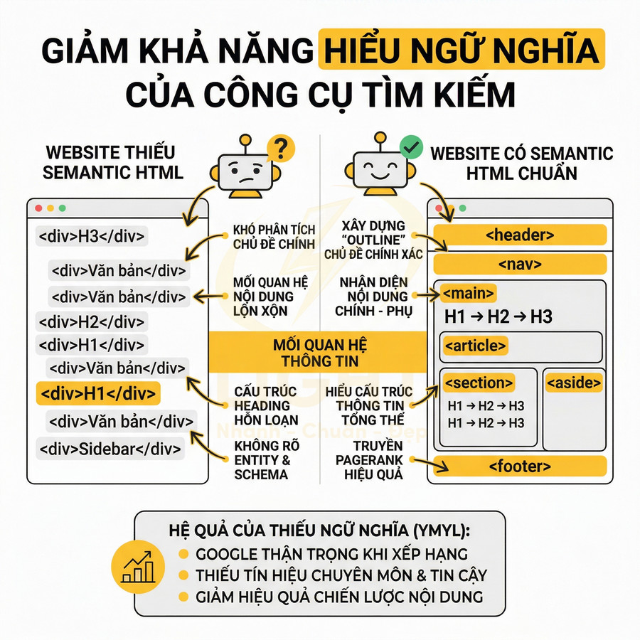 So sánh website thiếu semantic HTML và website dùng semantic HTML chuẩn, ảnh hưởng đến khả năng hiểu nội dung của Google