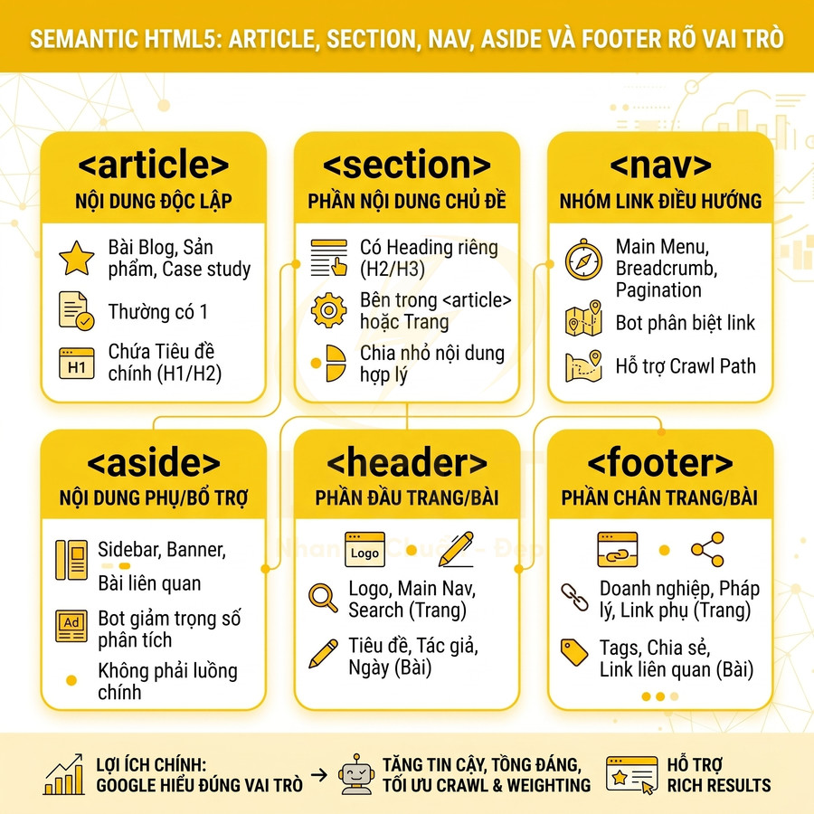 Tóm tắt vai trò thẻ HTML5 article section nav aside header footer trong cấu trúc nội dung web chuẩn SEO