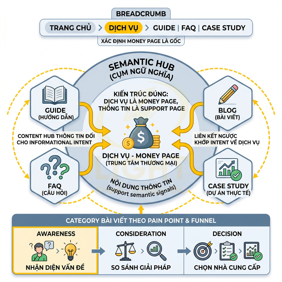 Sơ đồ semantic hub cho trang dịch vụ SEO với guide, blog, FAQ, case study và hành trình khách hàng Awareness to Decision