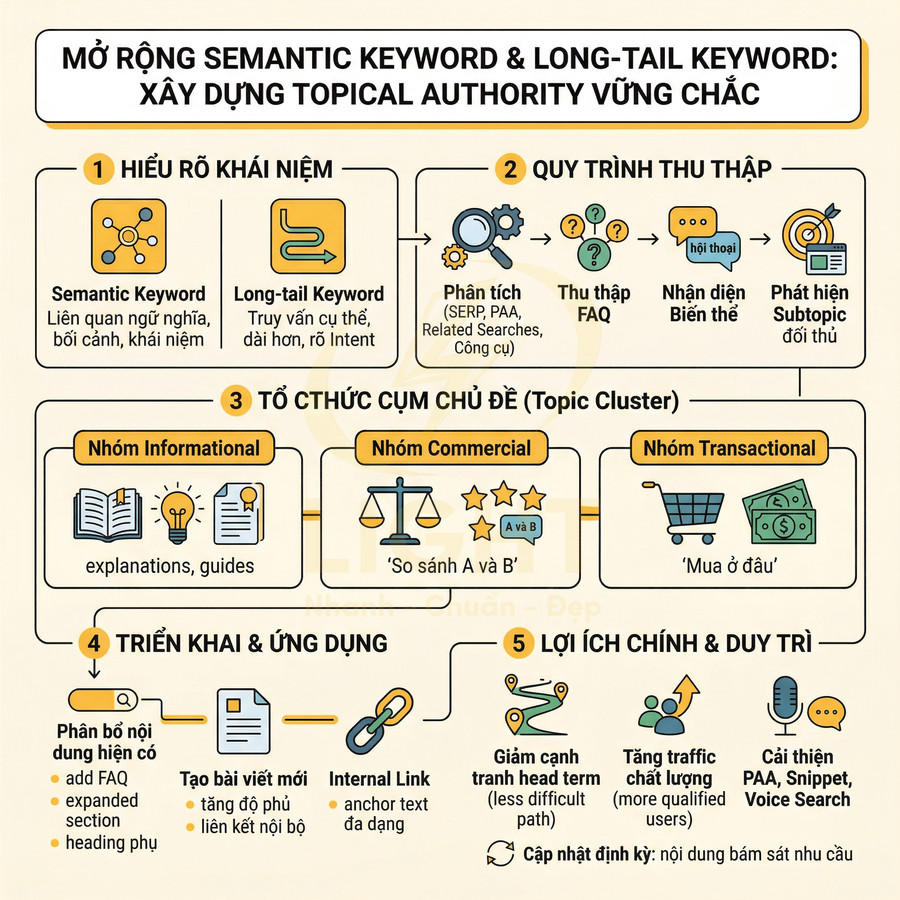 Hướng dẫn mở rộng semantic keyword và long tail keyword để xây dựng topical authority trong SEO