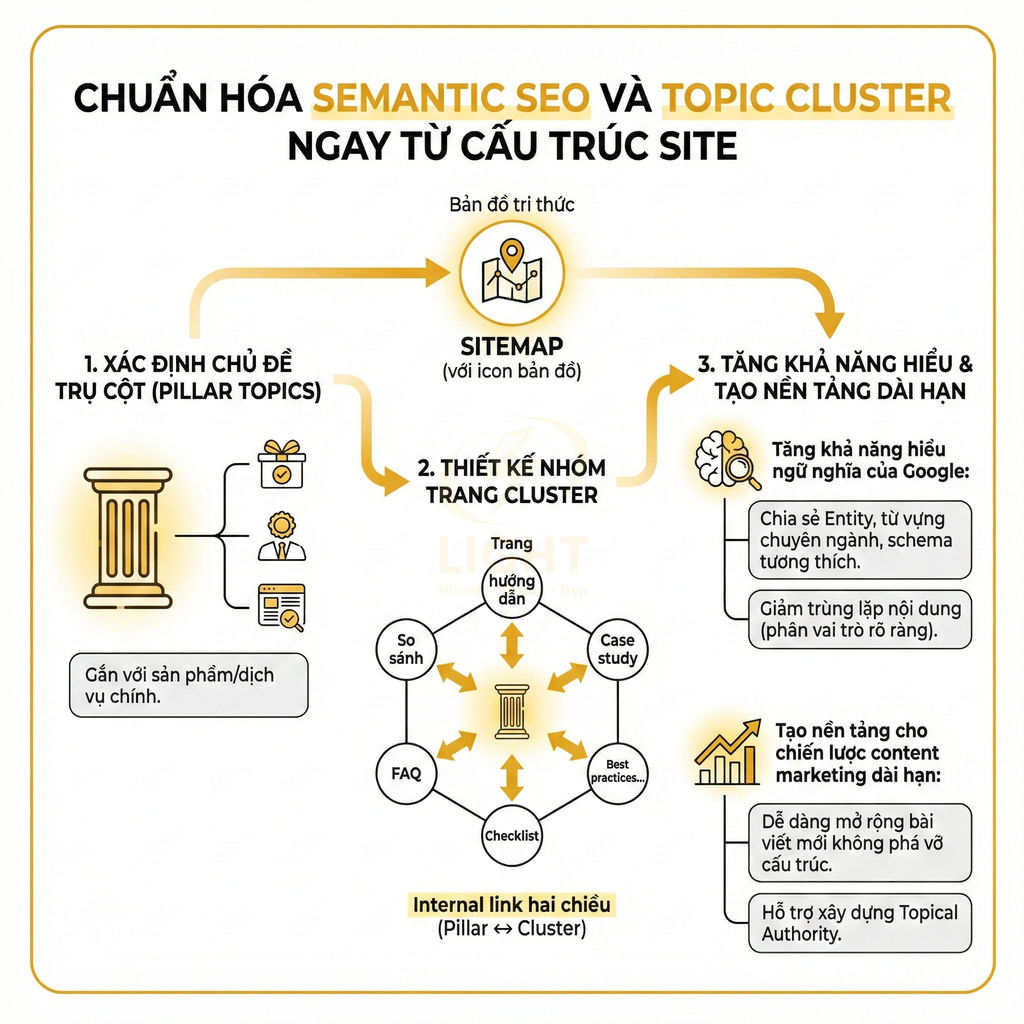 Sơ đồ chuẩn hóa Semantic SEO và topic cluster trong cấu trúc website với sitemap và nhóm trang nội dung