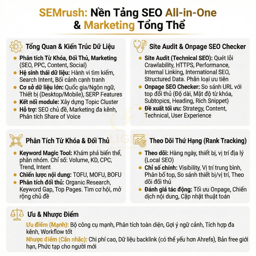 Tổng quan tính năng và ưu nhược điểm của nền tảng SEO SEMrush all in one bằng tiếng Việt
