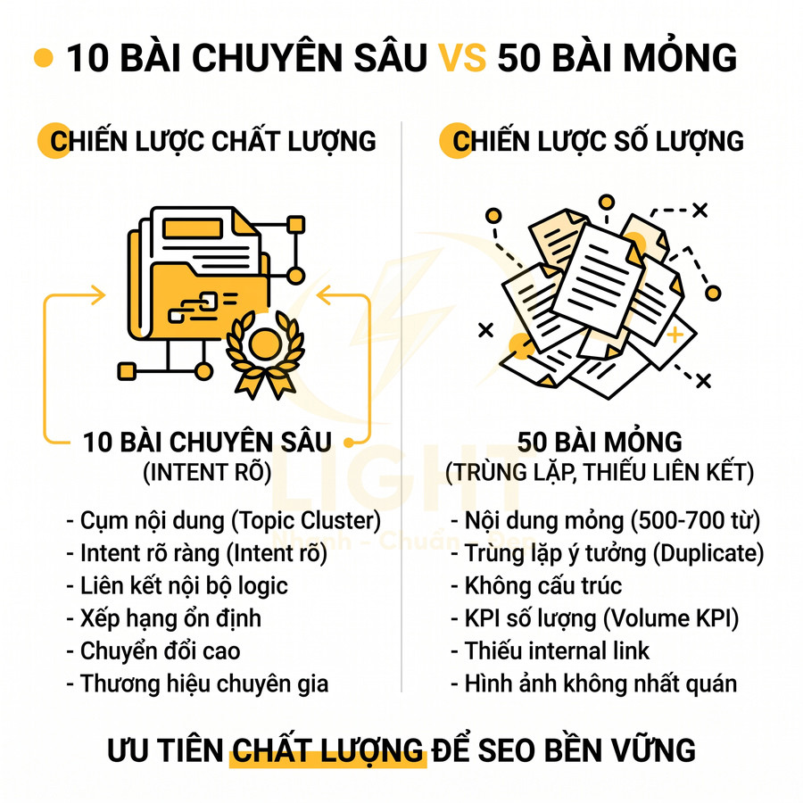 So sánh chiến lược SEO 10 bài viết chuyên sâu chất lượng với 50 bài mỏng số lượng, ưu tiên chất lượng nội dung