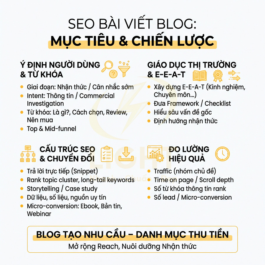 Tóm tắt mục tiêu và chiến lược SEO bài viết blog với ý định người dùng, cấu trúc nội dung và đo lường hiệu quả