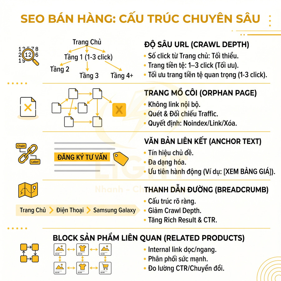 Infographic hướng dẫn cấu trúc website bán hàng chuẩn SEO với crawl depth, breadcrumb và block sản phẩm liên quan