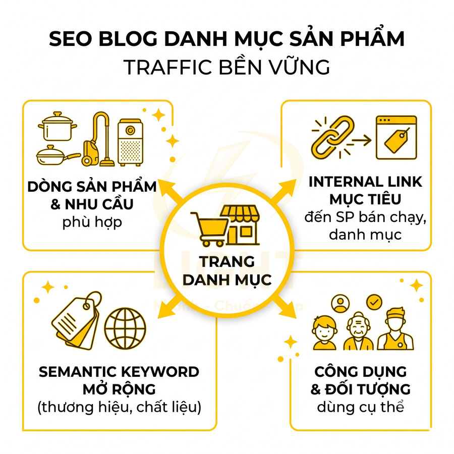 Minh họa các yếu tố SEO blog danh mục sản phẩm giúp tăng traffic bền vững cho trang bán hàng online