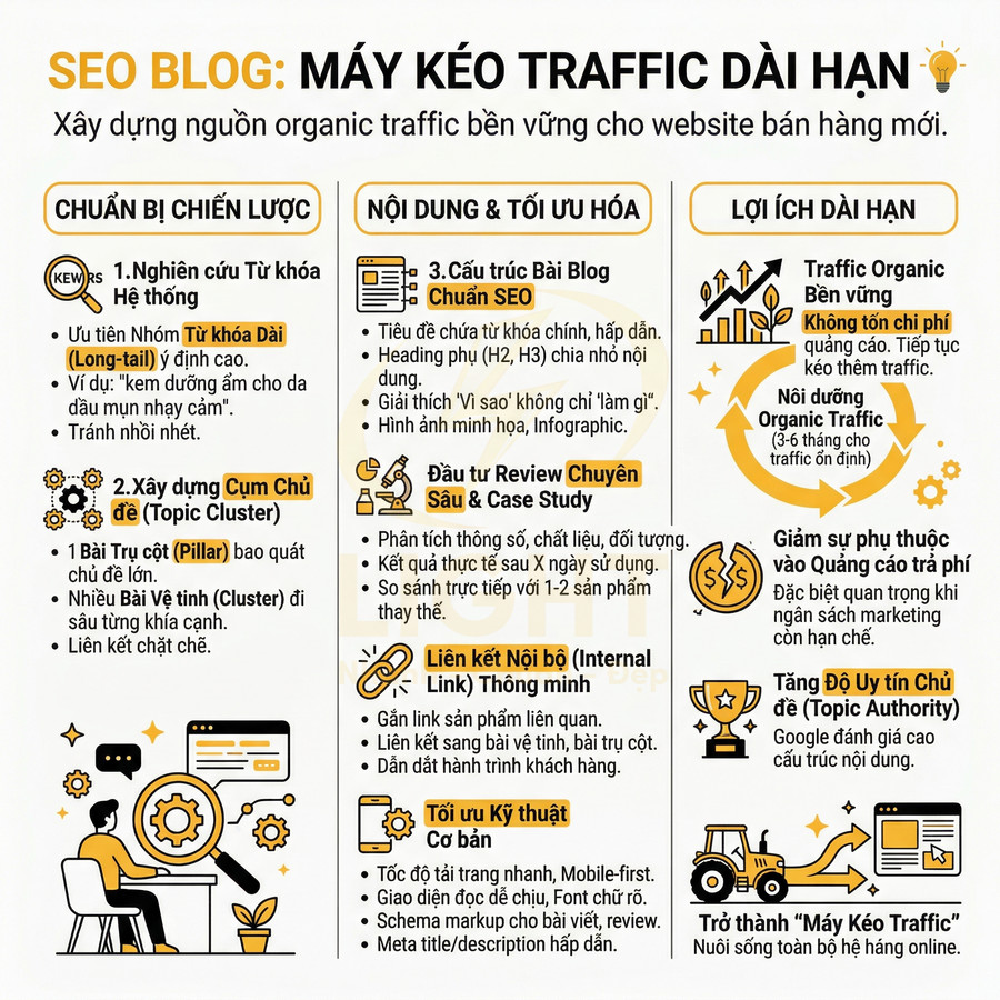 Infographic hướng dẫn xây dựng SEO blog để kéo organic traffic dài hạn cho website bán hàng