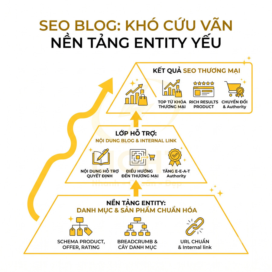 Mô hình kim tự tháp SEO blog minh họa nền tảng entity, nội dung hỗ trợ và kết quả SEO thương mại