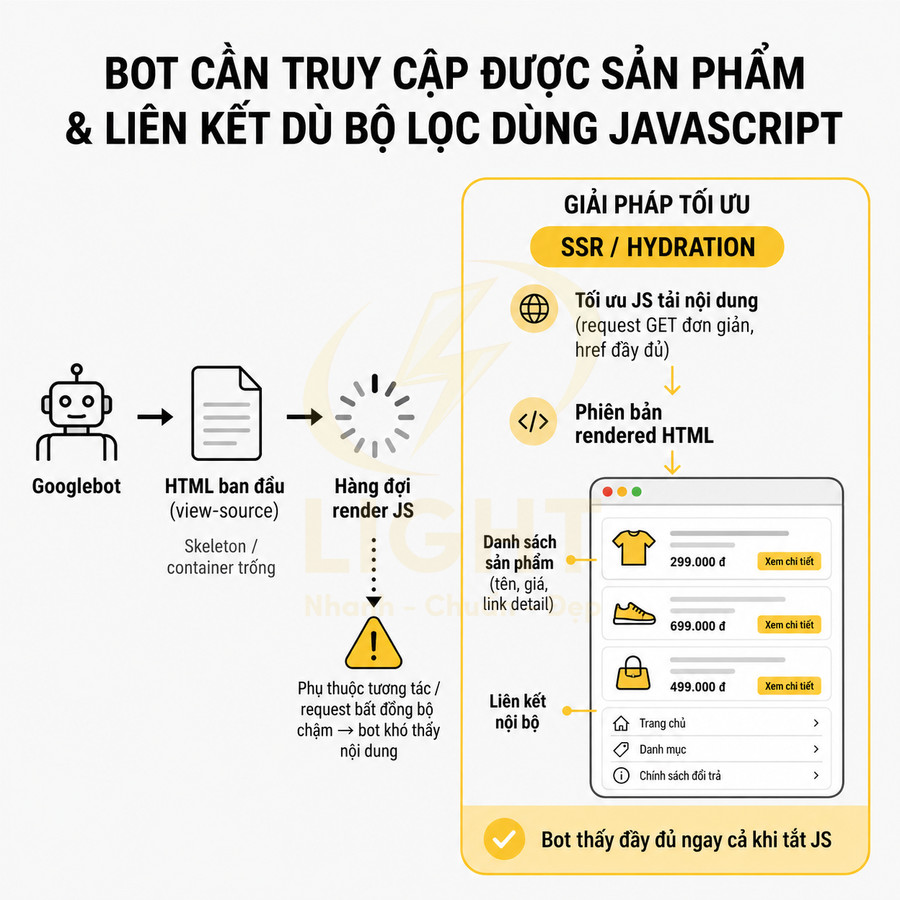 Mô phỏng Googlebot thu thập danh sách sản phẩm và liên kết nội bộ trên website dùng JavaScript, tối ưu bằng SSR