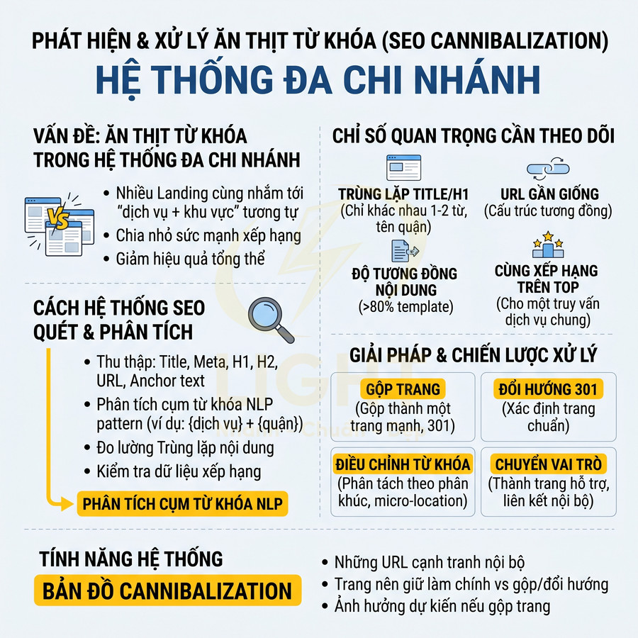 Infographic hướng dẫn phát hiện và xử lý ăn thịt từ khóa SEO cho hệ thống website đa chi nhánh