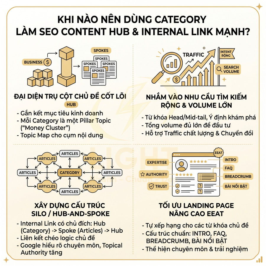 Infographic hướng dẫn khi nào dùng category làm SEO content hub và internal link mạnh cho website